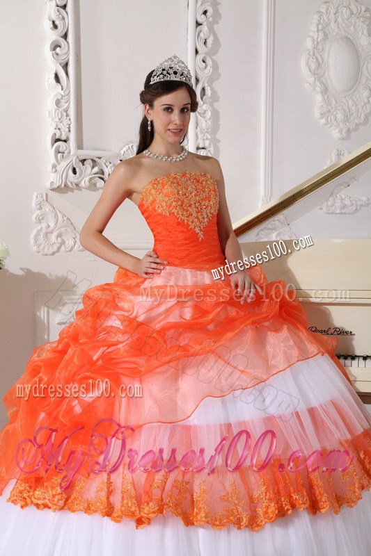 White and Orange Ball Gown Quinceanera Dresses Decorated with Hand Made Appliques