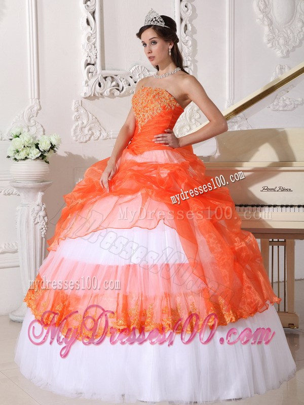 White and Orange Ball Gown Quinceanera Dresses Decorated with Hand Made Appliques