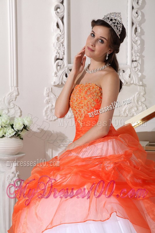 White and Orange Ball Gown Quinceanera Dresses Decorated with Hand Made Appliques
