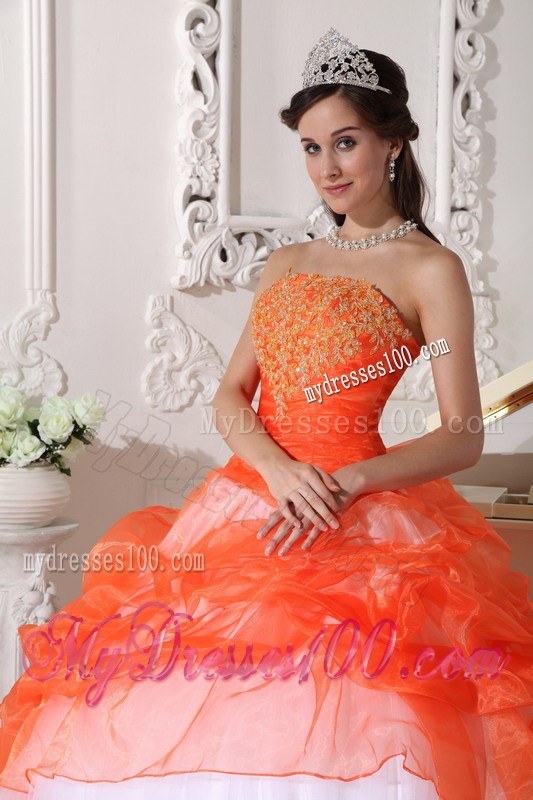 White and Orange Ball Gown Quinceanera Dresses Decorated with Hand Made Appliques