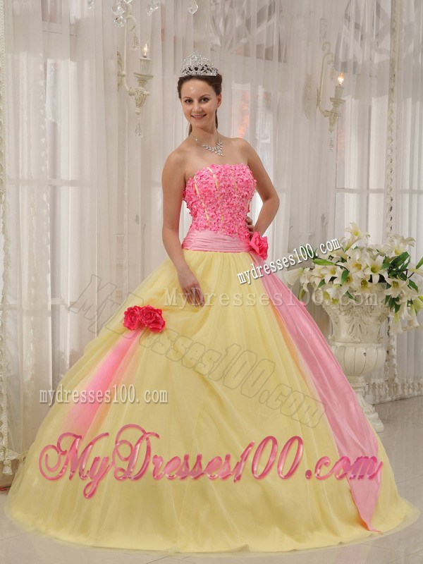 Pink and Yellow Ball Gown with Hand Made Flowers Dresses for Quinceanera