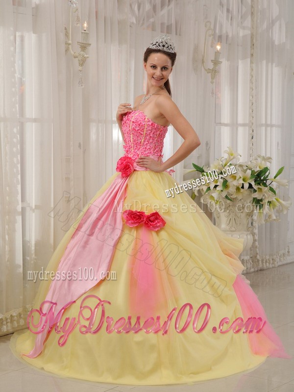 Pink and Yellow Ball Gown with Hand Made Flowers Dresses for Quinceanera