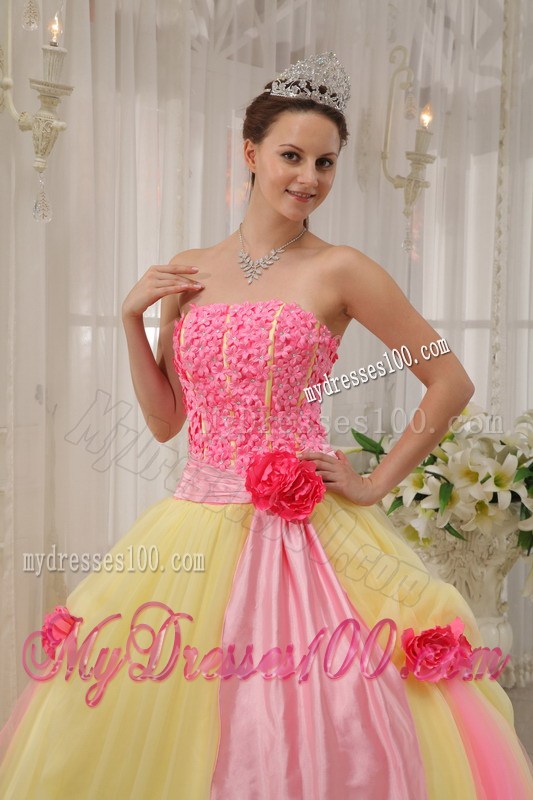 Pink and Yellow Ball Gown with Hand Made Flowers Dresses for Quinceanera