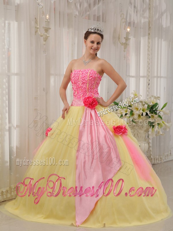 Pink and Yellow Ball Gown with Hand Made Flowers Dresses for Quinceanera