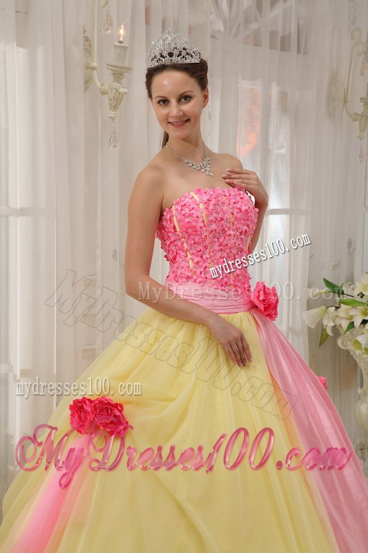 Pink and Yellow Ball Gown with Hand Made Flowers Dresses for Quinceanera