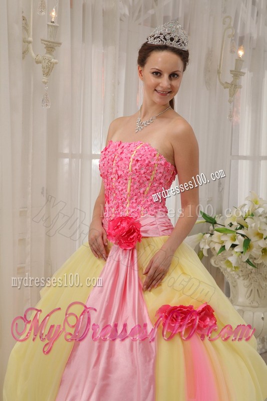 Pink and Yellow Ball Gown with Hand Made Flowers Dresses for Quinceanera