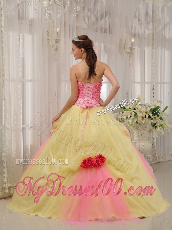 Pink and Yellow Ball Gown with Hand Made Flowers Dresses for Quinceanera
