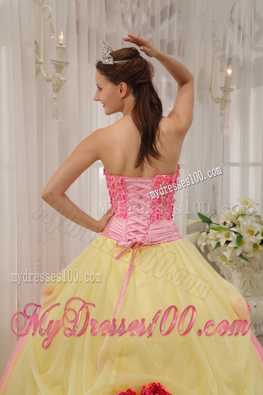 Pink and Yellow Ball Gown with Hand Made Flowers Dresses for Quinceanera