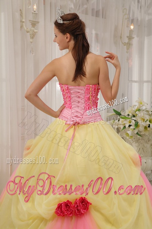 Pink and Yellow Ball Gown with Hand Made Flowers Dresses for Quinceanera