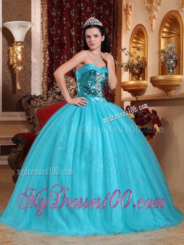 Popular Puffy Ball Gown Quinceanera Dresses Decorated with Bright Blue Sequins
