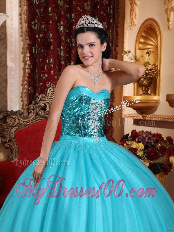 Popular Puffy Ball Gown Quinceanera Dresses Decorated with Bright Blue Sequins