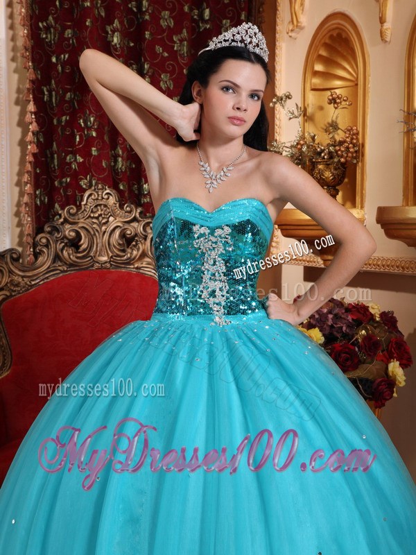 Popular Puffy Ball Gown Quinceanera Dresses Decorated with Bright Blue Sequins