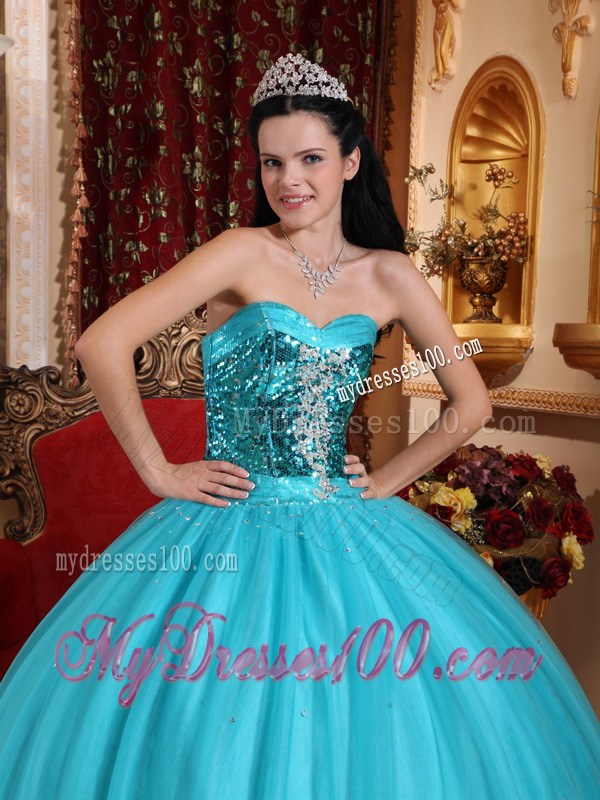 Popular Puffy Ball Gown Quinceanera Dresses Decorated with Bright Blue Sequins