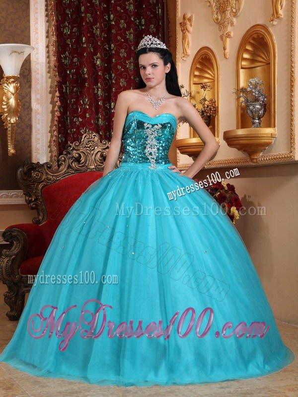 Popular Puffy Ball Gown Quinceanera Dresses Decorated with Bright Blue Sequins