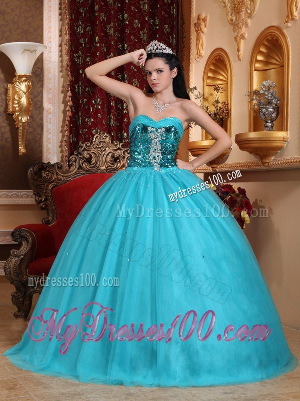Popular Puffy Ball Gown Quinceanera Dresses Decorated with Bright Blue Sequins