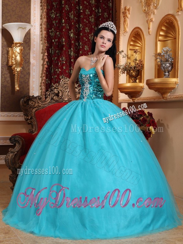 Popular Puffy Ball Gown Quinceanera Dresses Decorated with Bright Blue Sequins