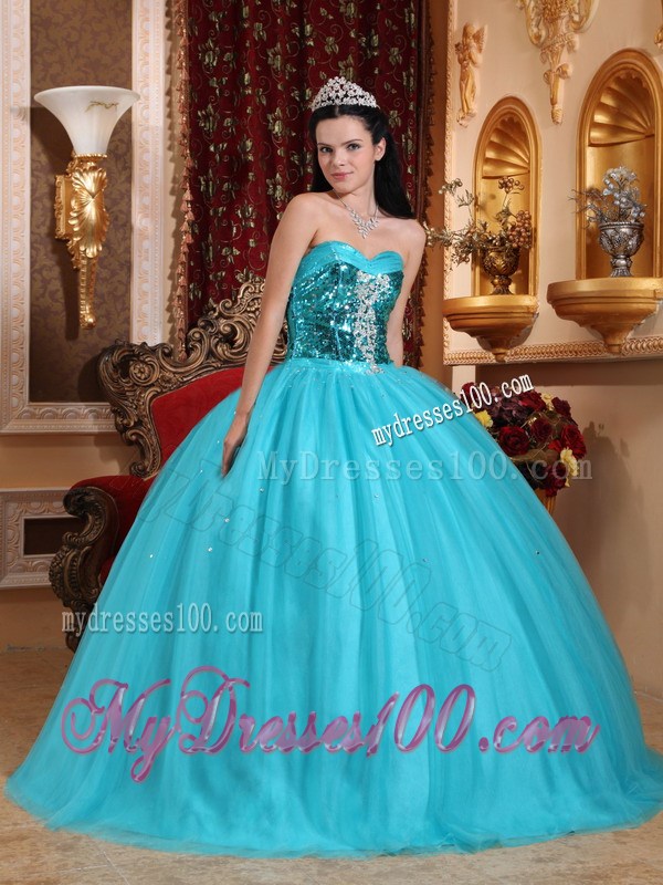 Popular Puffy Ball Gown Quinceanera Dresses Decorated with Bright Blue Sequins