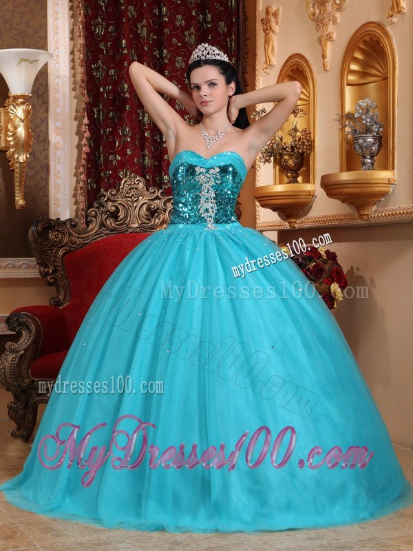 Popular Puffy Ball Gown Quinceanera Dresses Decorated with Bright Blue Sequins