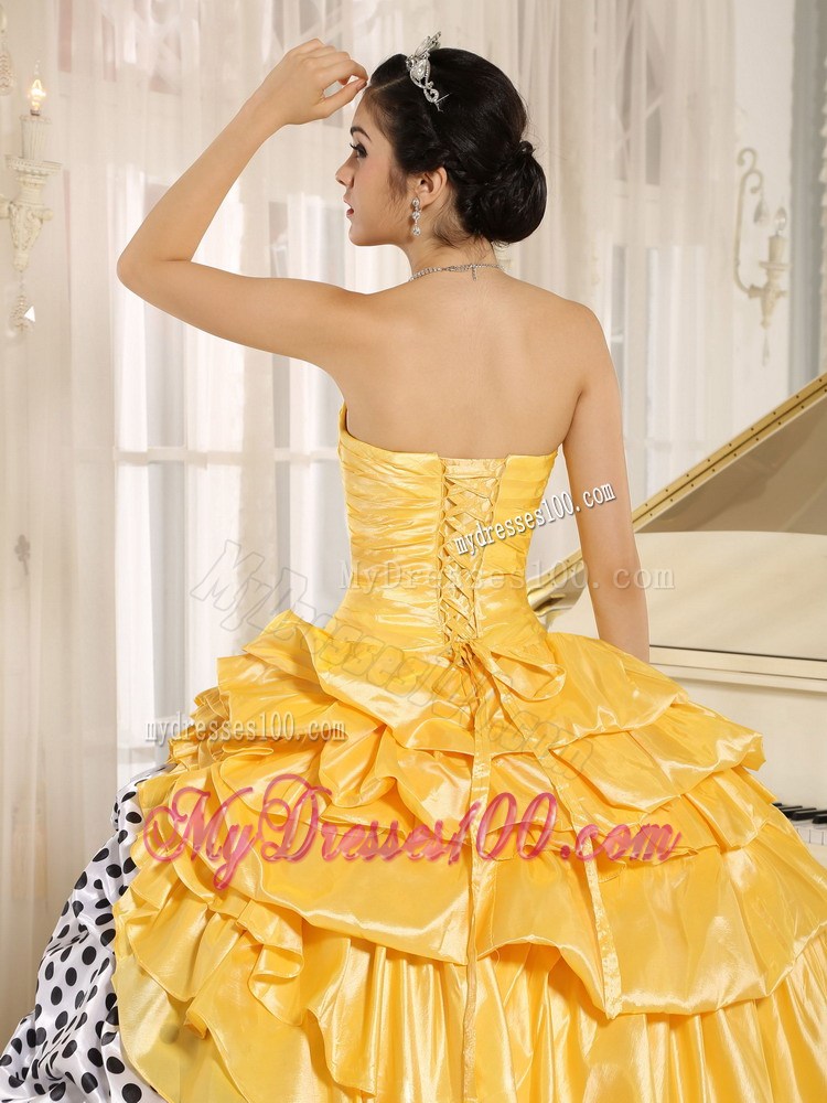 Ruffled Layers Yellow Qinceanera Gowns with Polka Dot Pick-ups