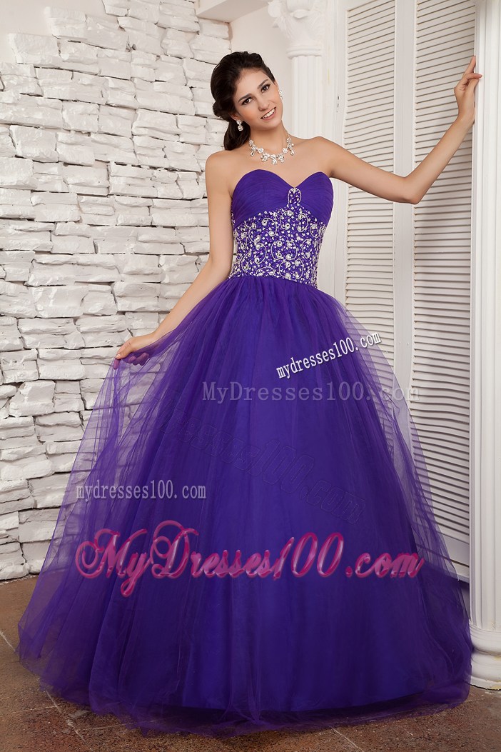Purple A-line Beading Decorate Waist Tulle Quinceanera Dress