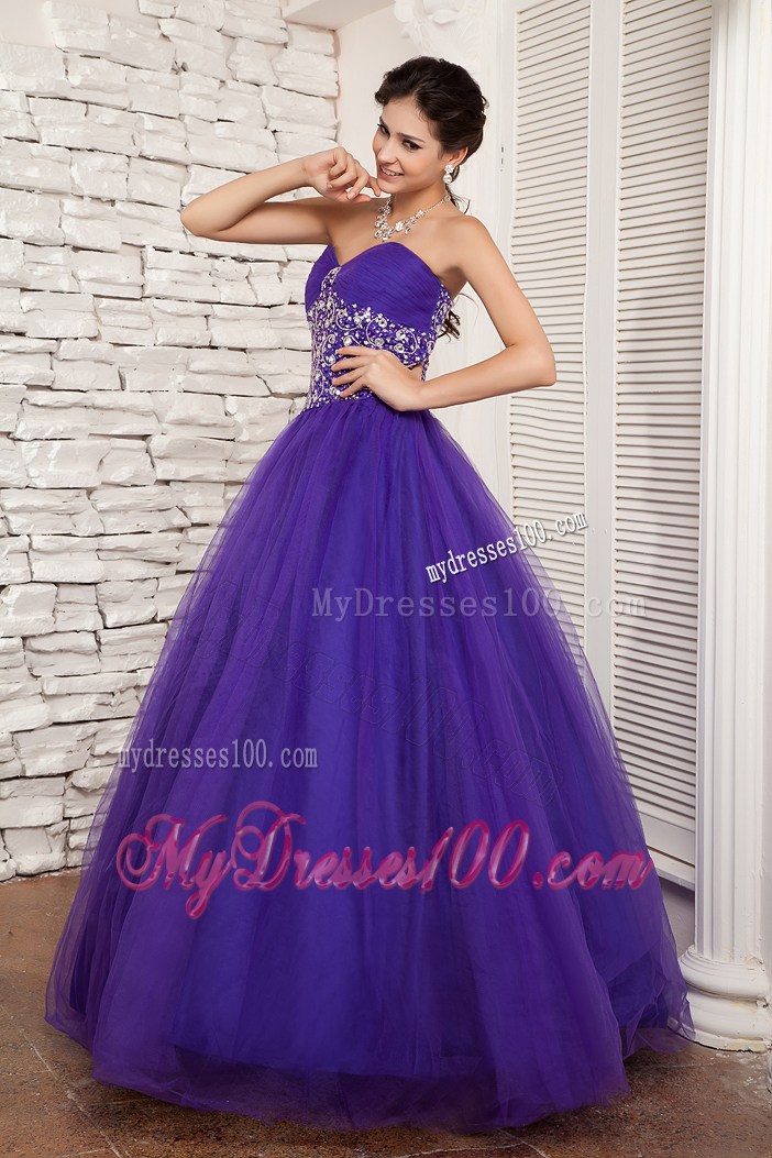 Purple A-line Beading Decorate Waist Tulle Quinceanera Dress