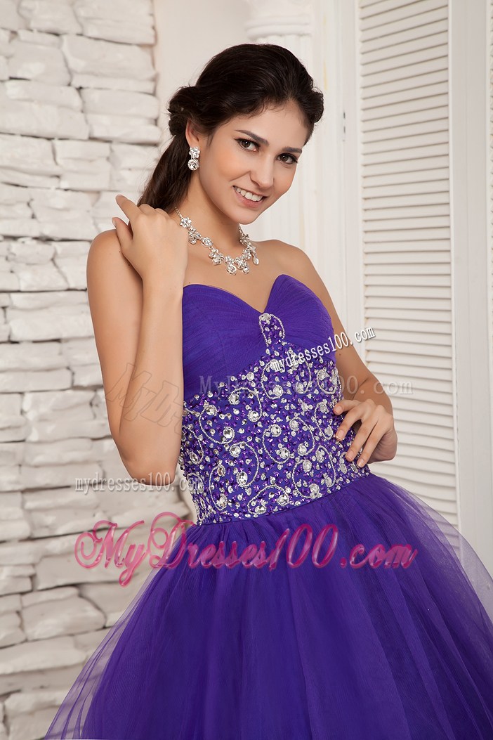 Purple A-line Beading Decorate Waist Tulle Quinceanera Dress