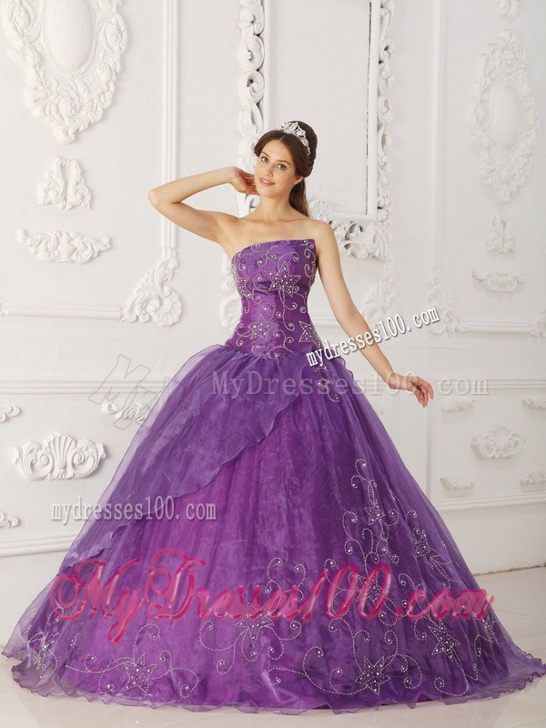 Purple Organza and Satin Beaded Quinceanera gown dresses with Embroidery