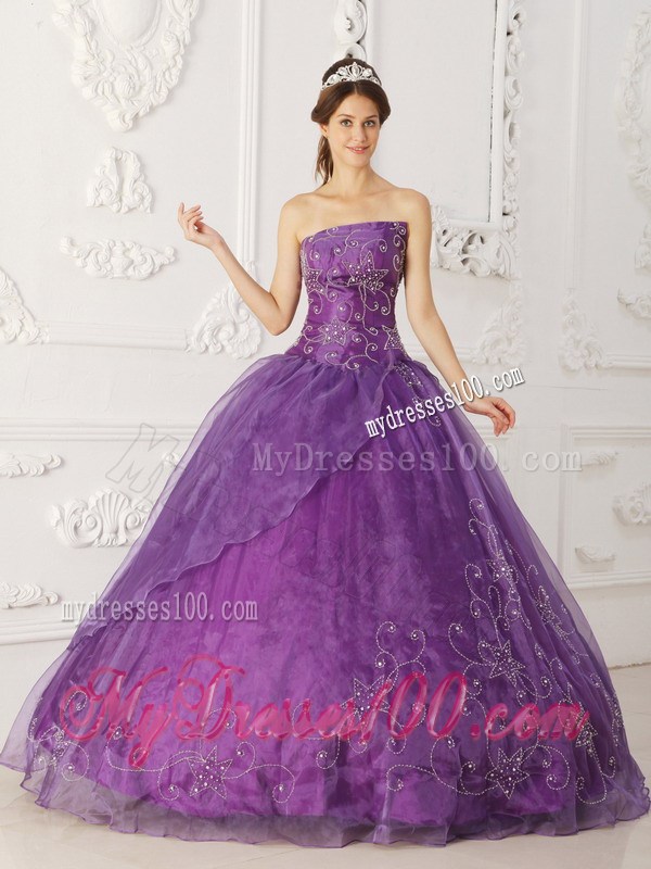 Purple Organza and Satin Beaded Quinceanera gown dresses with Embroidery