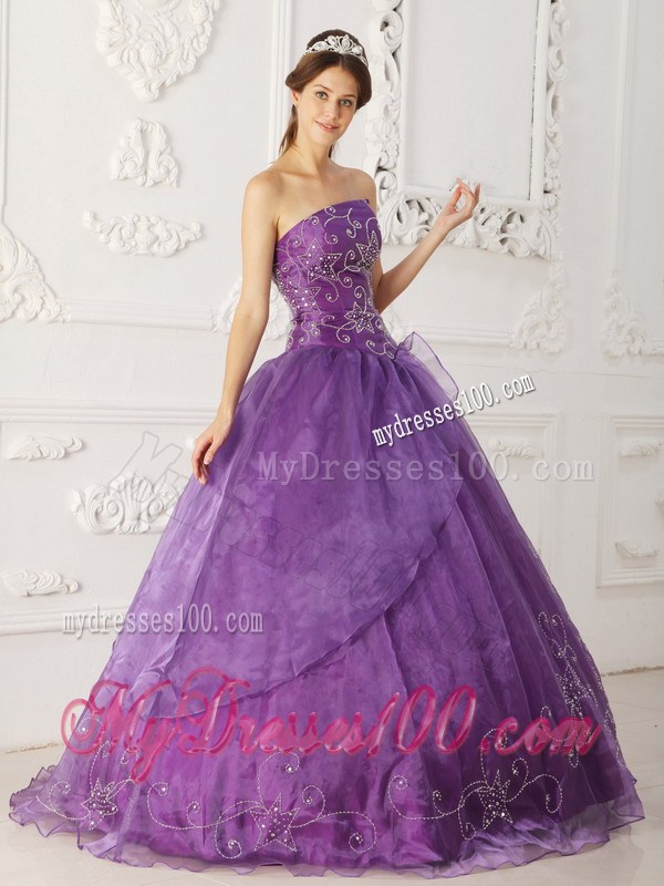 Purple Organza and Satin Beaded Quinceanera gown dresses with Embroidery