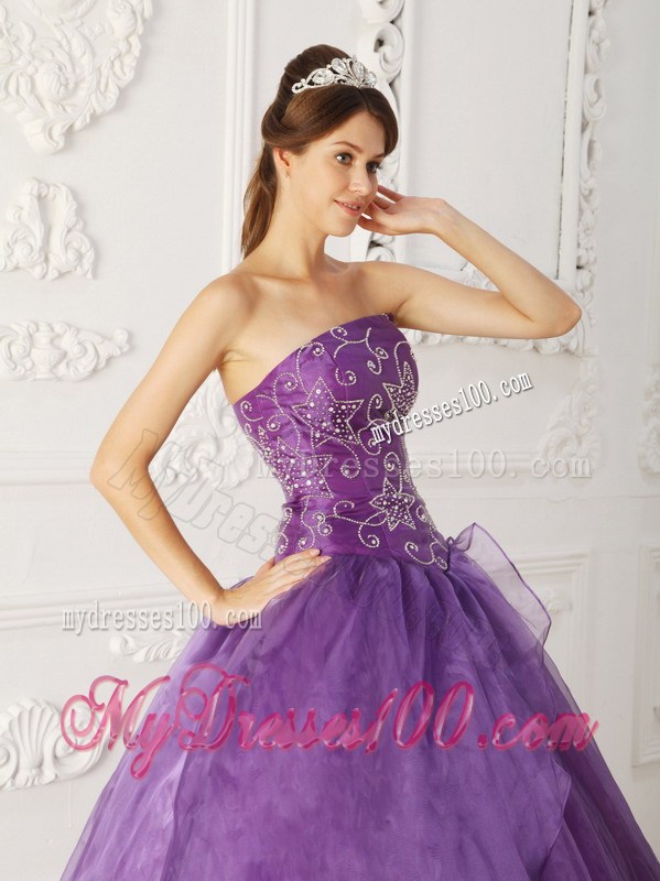 Purple Organza and Satin Beaded Quinceanera gown dresses with Embroidery
