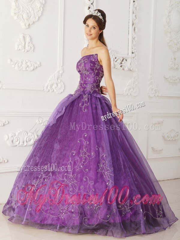 Purple Organza and Satin Beaded Quinceanera gown dresses with Embroidery