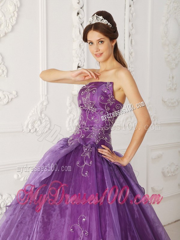 Purple Organza and Satin Beaded Quinceanera gown dresses with Embroidery