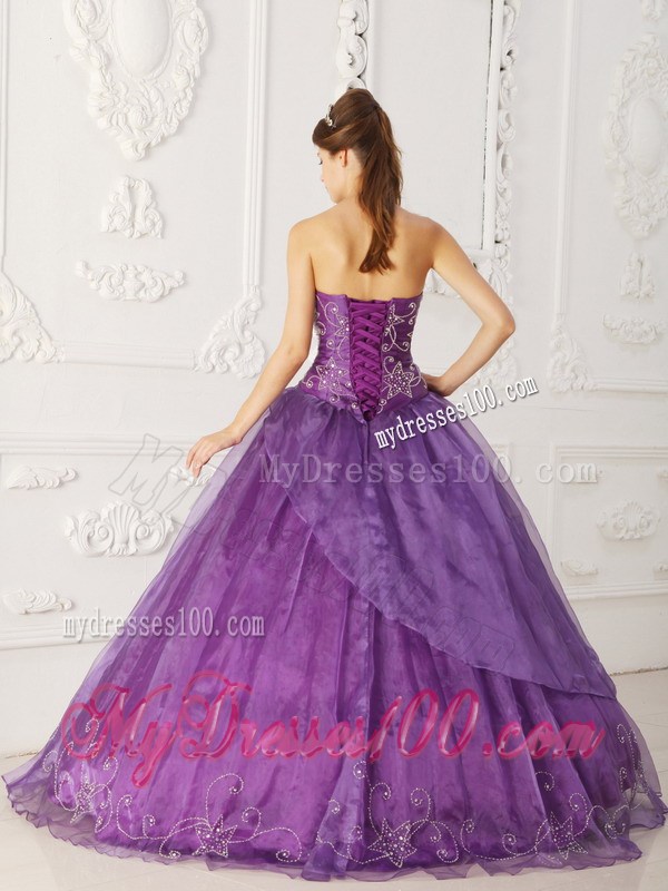 Purple Organza and Satin Beaded Quinceanera gown dresses with Embroidery