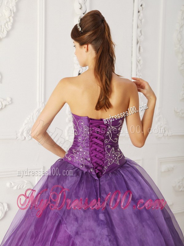 Purple Organza and Satin Beaded Quinceanera gown dresses with Embroidery