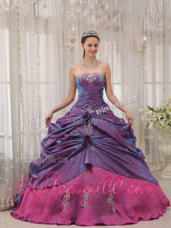Purple and Fuchsia Ruching Quinceanera Grown with Appliques and Pick-ups