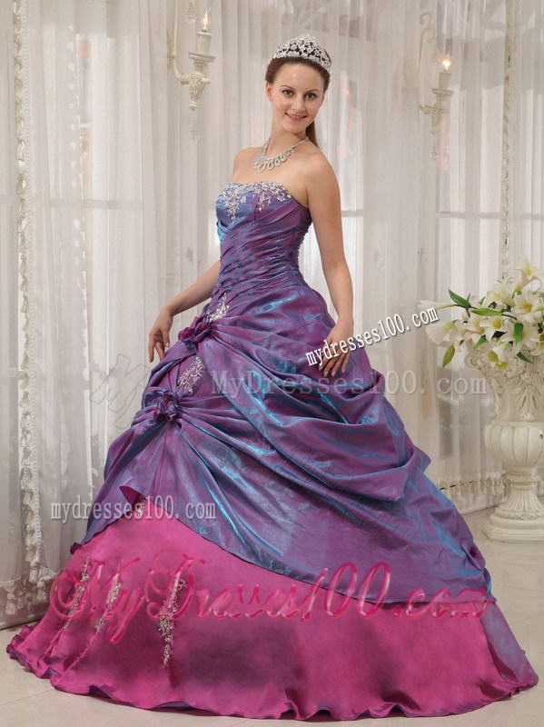 Purple and Fuchsia Ruching Quinceanera Grown with Appliques and Pick-ups