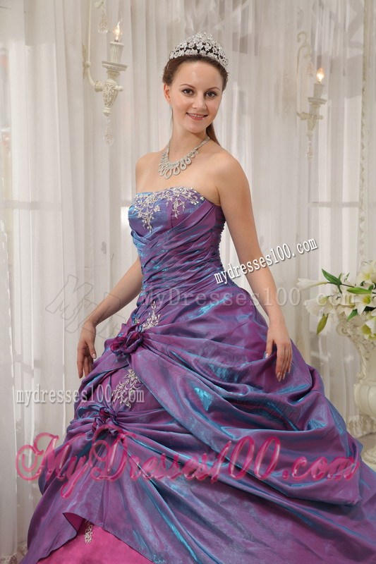 Purple and Fuchsia Ruching Quinceanera Grown with Appliques and Pick-ups