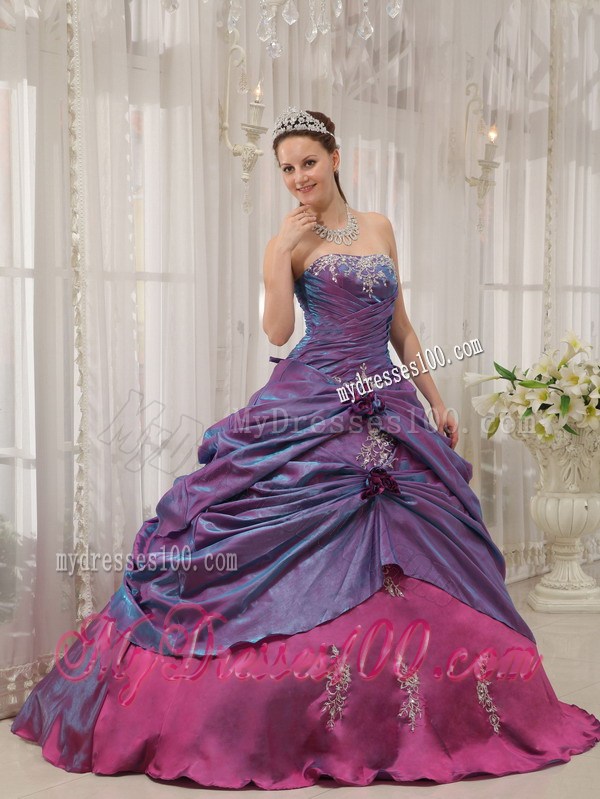 Purple and Fuchsia Ruching Quinceanera Grown with Appliques and Pick-ups