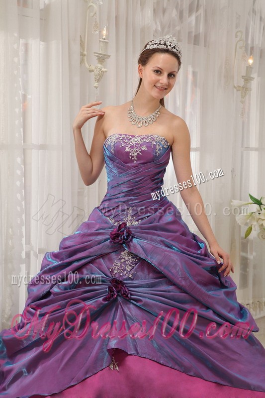 Purple and Fuchsia Ruching Quinceanera Grown with Appliques and Pick-ups