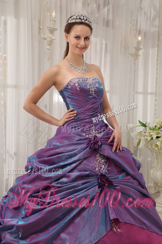 Purple and Fuchsia Ruching Quinceanera Grown with Appliques and Pick-ups