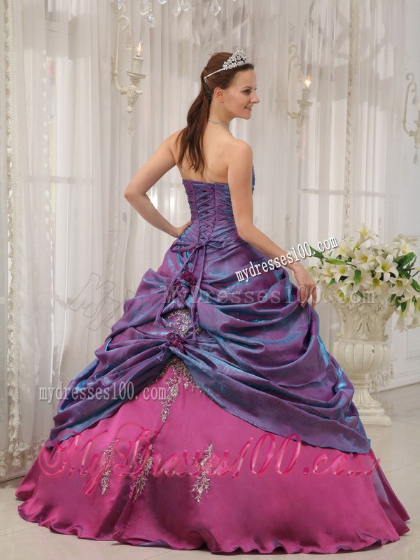 Purple and Fuchsia Ruching Quinceanera Grown with Appliques and Pick-ups