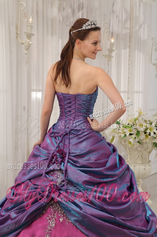 Purple and Fuchsia Ruching Quinceanera Grown with Appliques and Pick-ups