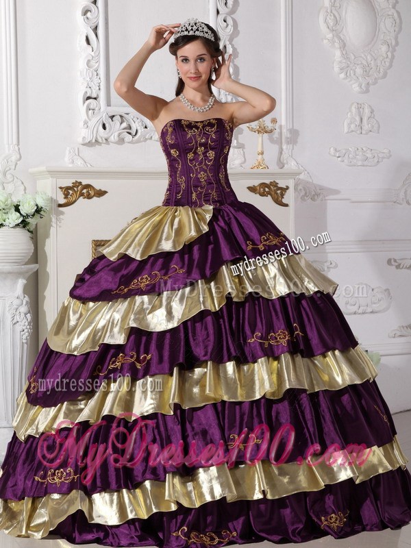 Affordable Embroidery Strapless Purple and Gold Quinceanera Dresses