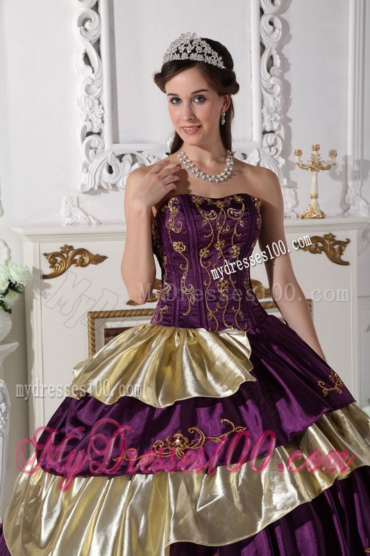 Affordable Embroidery Strapless Purple and Gold Quinceanera Dresses