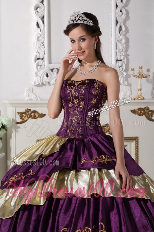 Affordable Embroidery Strapless Purple and Gold Quinceanera Dresses