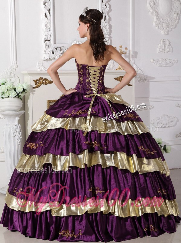 Affordable Embroidery Strapless Purple and Gold Quinceanera Dresses