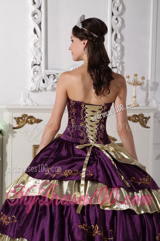 Affordable Embroidery Strapless Purple and Gold Quinceanera Dresses