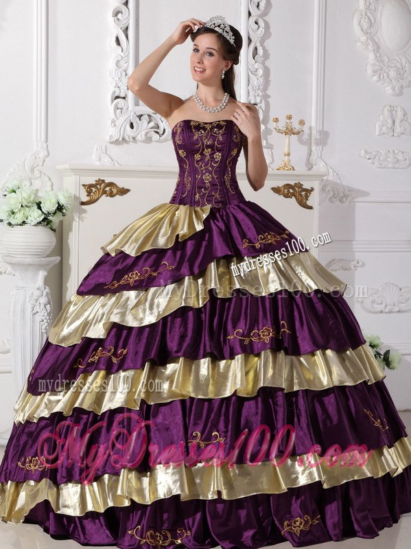 Affordable Embroidery Strapless Purple and Gold Quinceanera Dresses