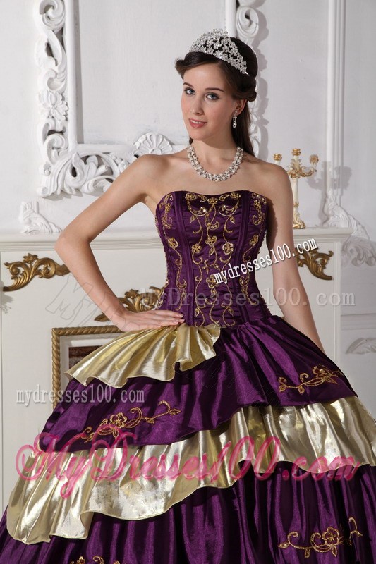 Affordable Embroidery Strapless Purple and Gold Quinceanera Dresses