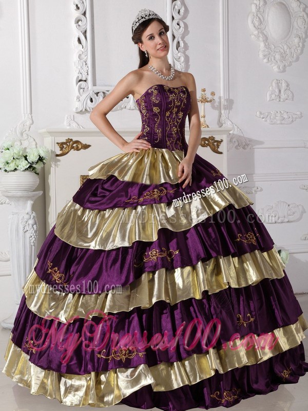 Affordable Embroidery Strapless Purple and Gold Quinceanera Dresses